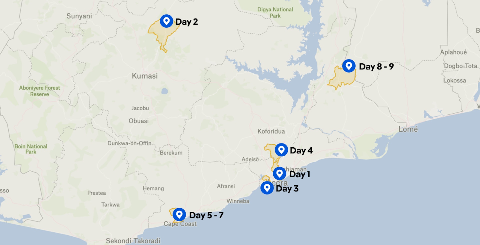 Map of Ghana Itinerary